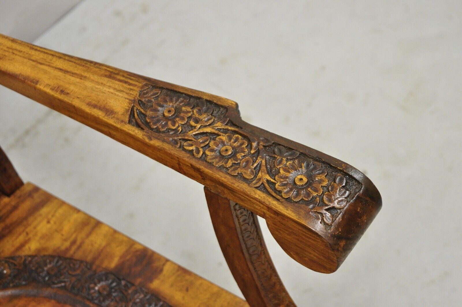 20th Century Vintage Anglo Indian Carved Teak Wood Rocking Chair Rocker For Sale