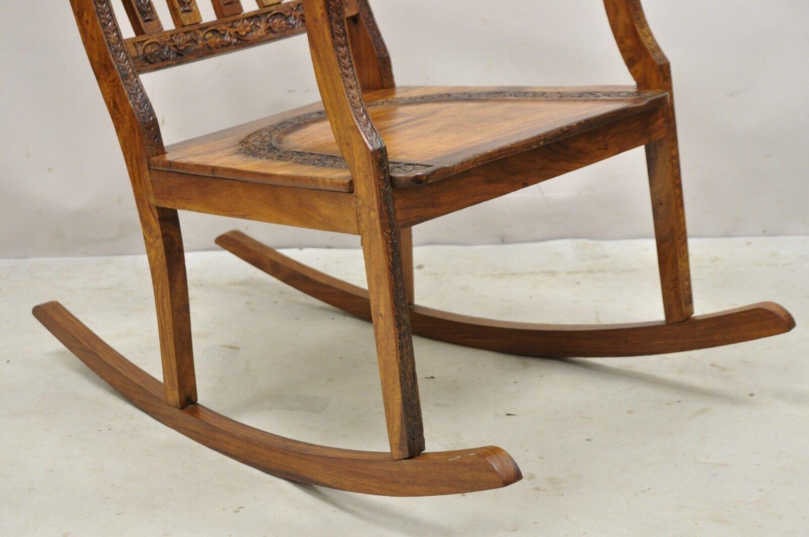 20th Century Vintage Anglo Indian Carved Teak Wood Rocking Chair Rocker For Sale