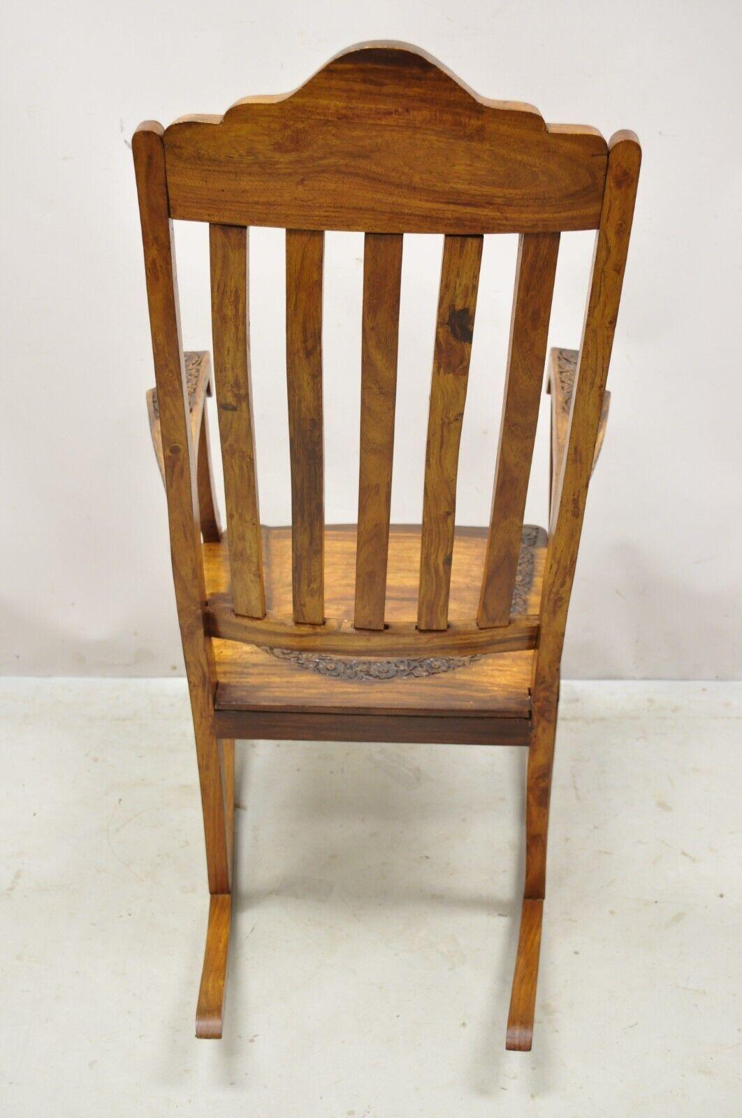Vintage Anglo Indian Carved Teak Wood Rocking Chair Rocker For Sale 3
