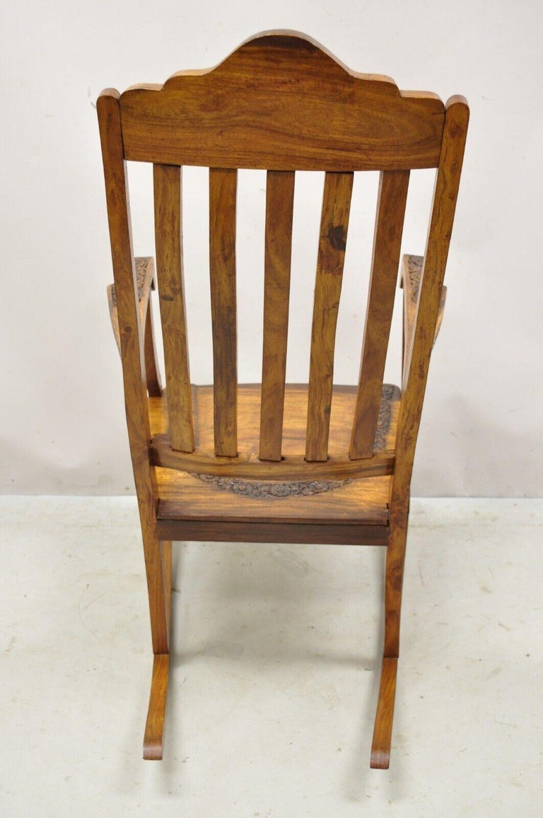 Vintage Anglo Indian Carved Teak Wood Rocking Chair Rocker For Sale at