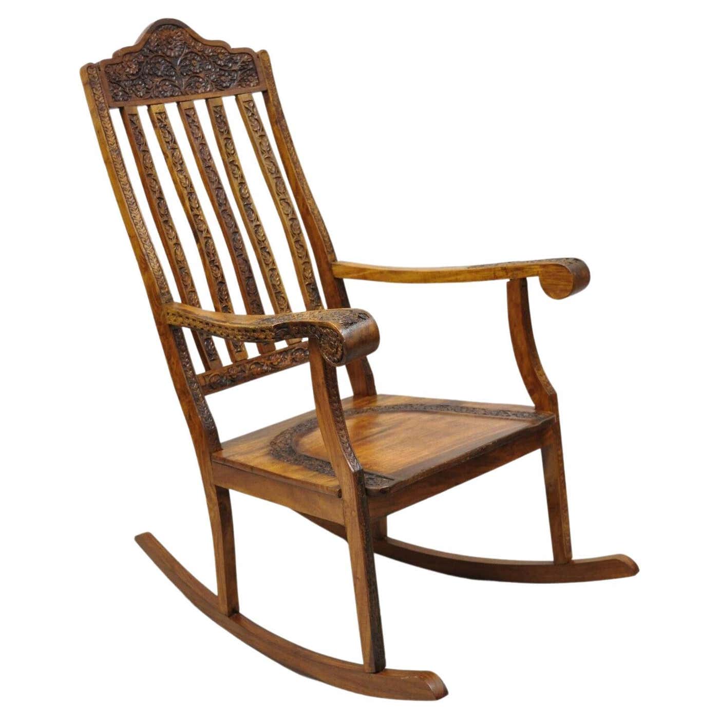 Vintage Anglo Indian Carved Teak Wood Rocking Chair Rocker For Sale at
