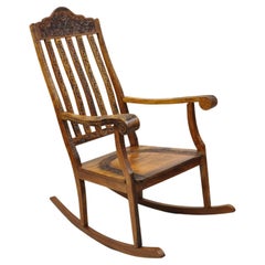 Vintage Anglo Indian Carved Teak Wood Rocking Chair Rocker