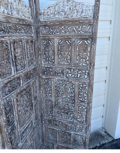 Vintage Anglo-Indian Folding Screen, Carved Wood, Four Panels, 1950s