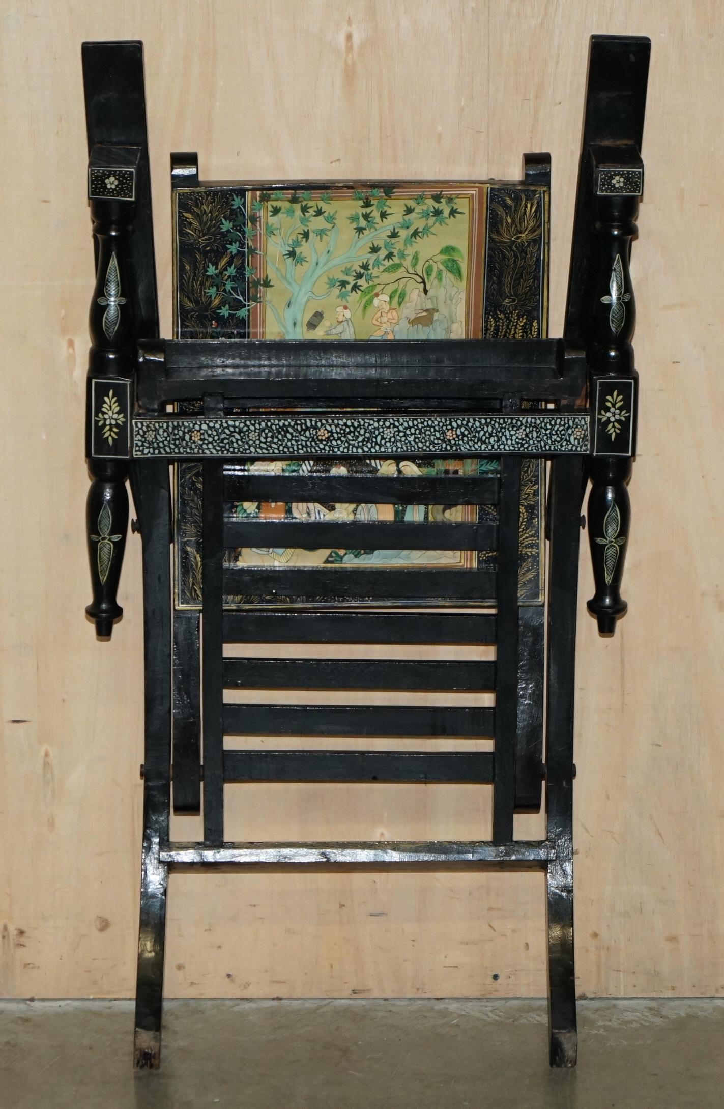 VINTAGE ANGLO INDIAN HAND PAINTED FOLDING FOLDING ARMCHAiR ORNATELY DETAILED For Sale 11