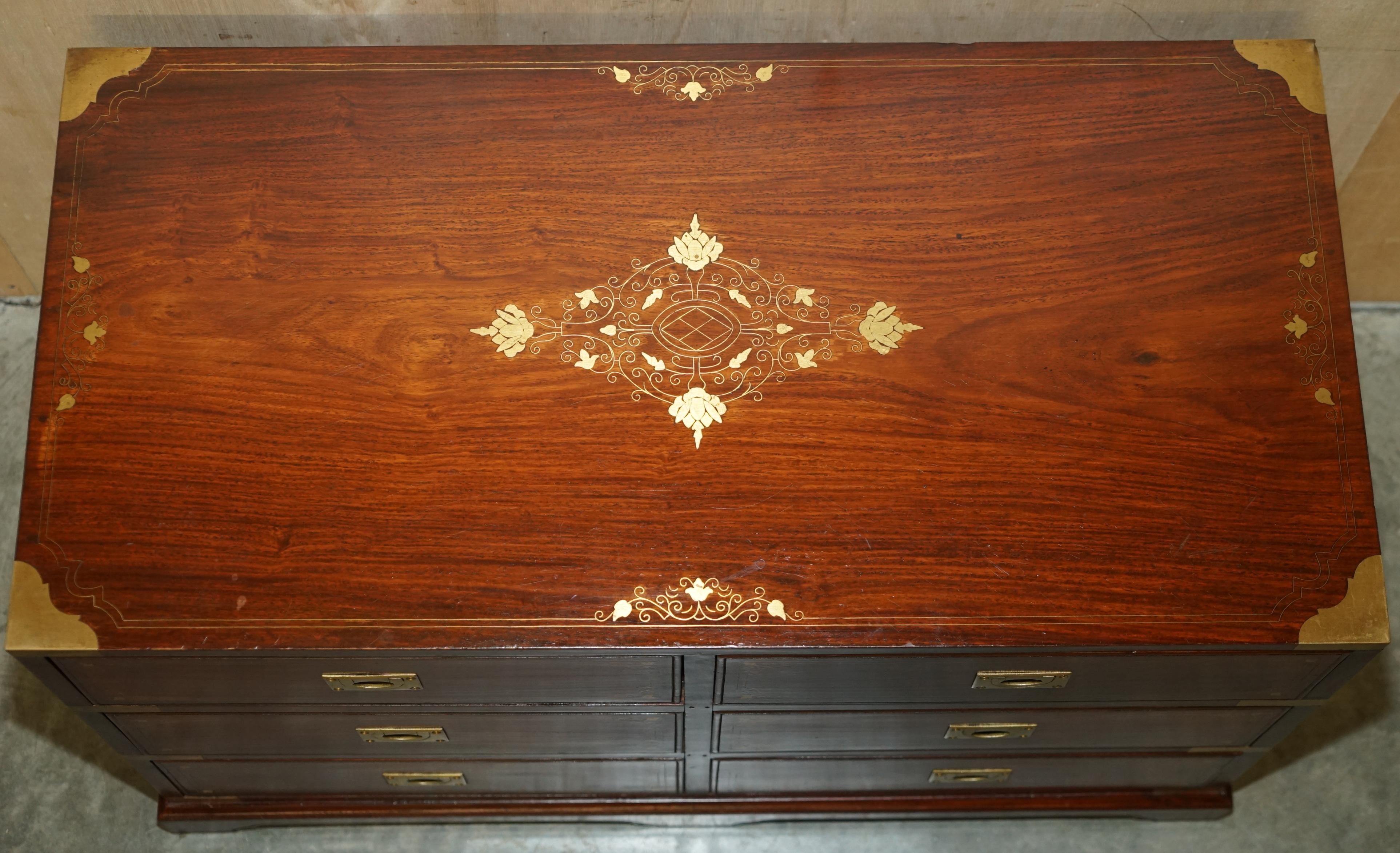 Vintage Anglo Indian Hardwood Brass Inlay Military Campaign Chest of Drawers For Sale 4