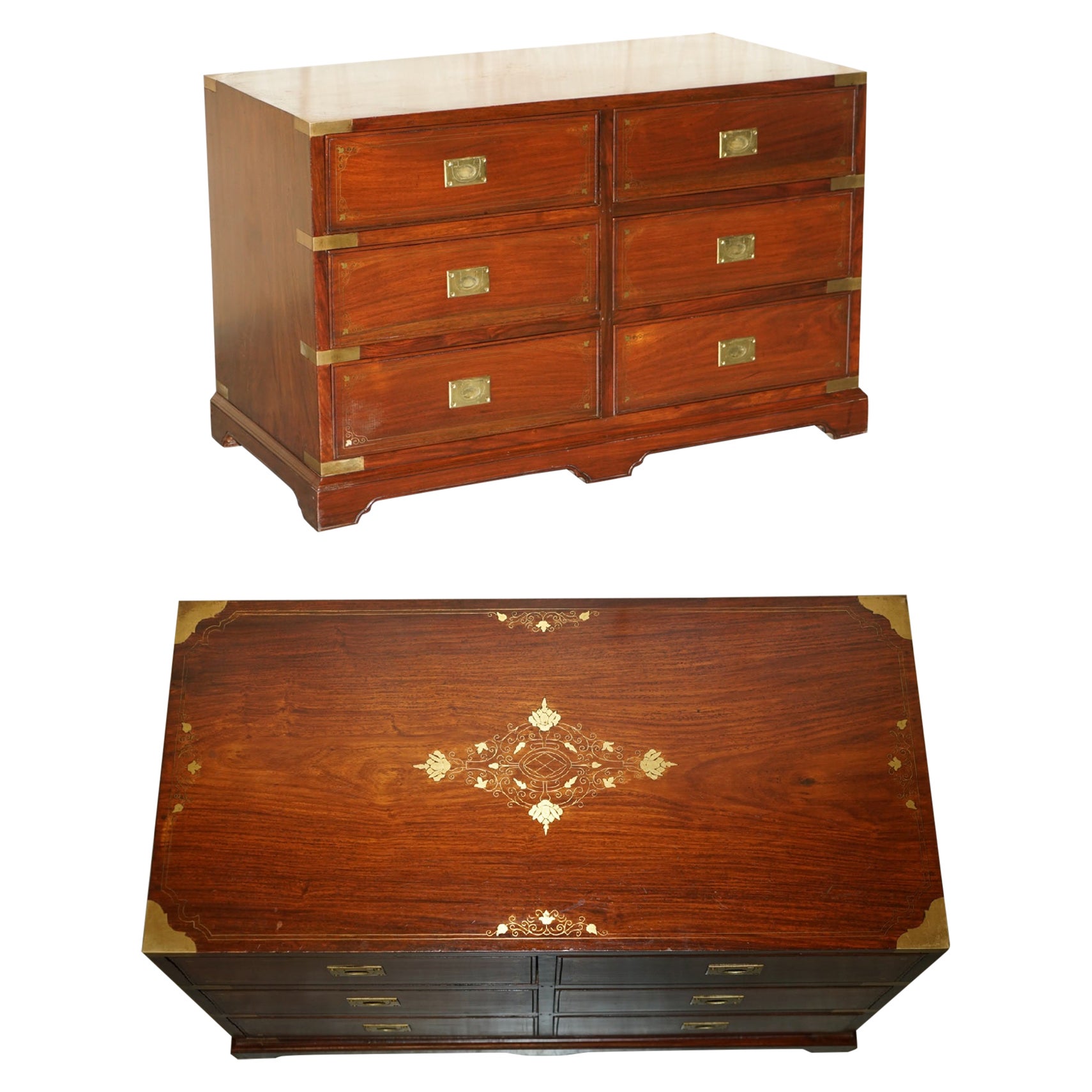 Vintage Anglo Indian Hardwood Brass Inlay Military Campaign Chest of Drawers