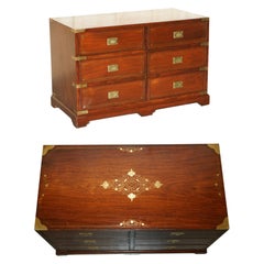 Vintage Anglo Indian Hardwood Brass Inlay Military Campaign Chest of Drawers