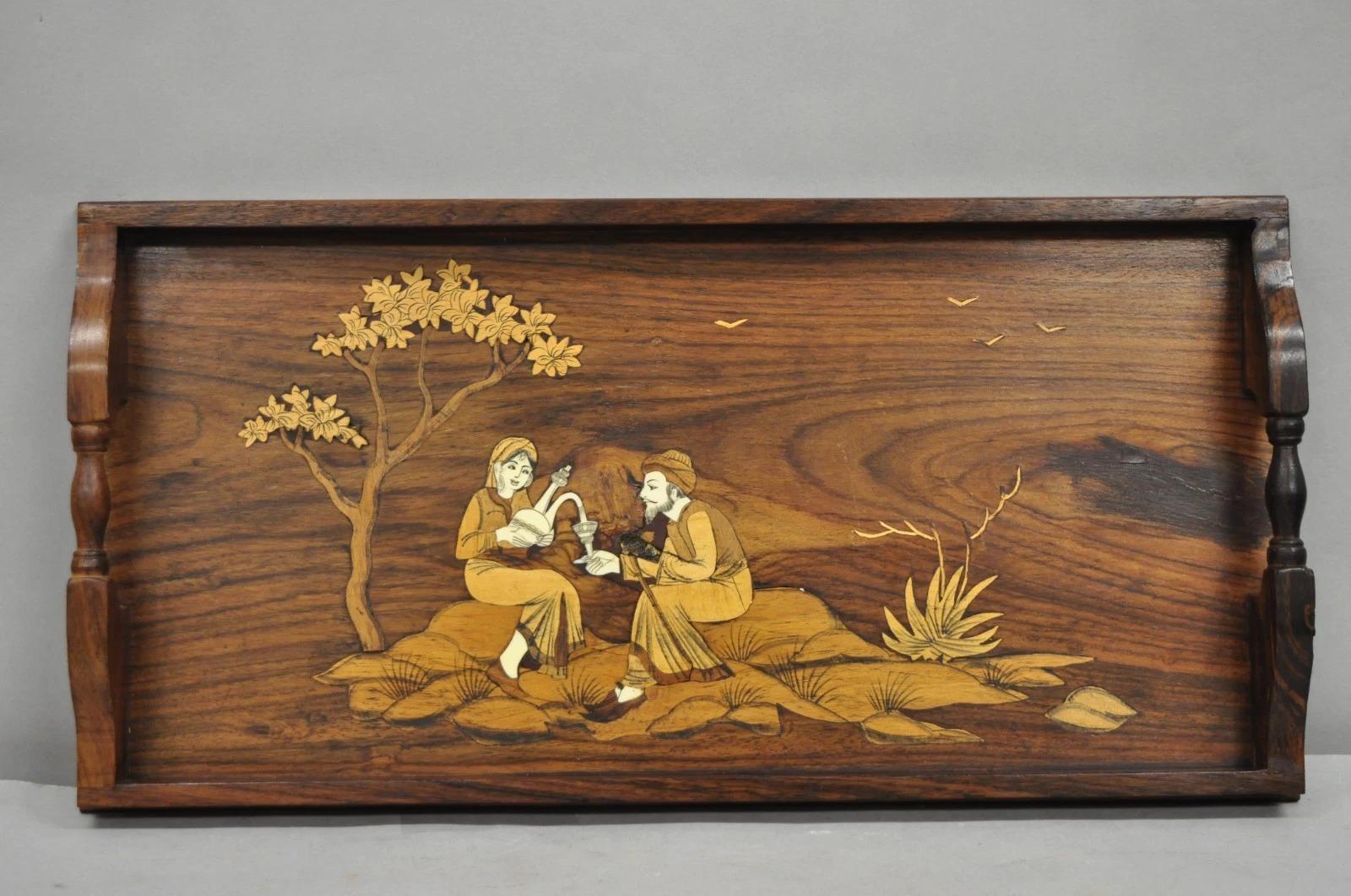 Vintage Anglo-Indian Marquetry Inlay Rosewood Twin Handle Serving Tray For Sale 5