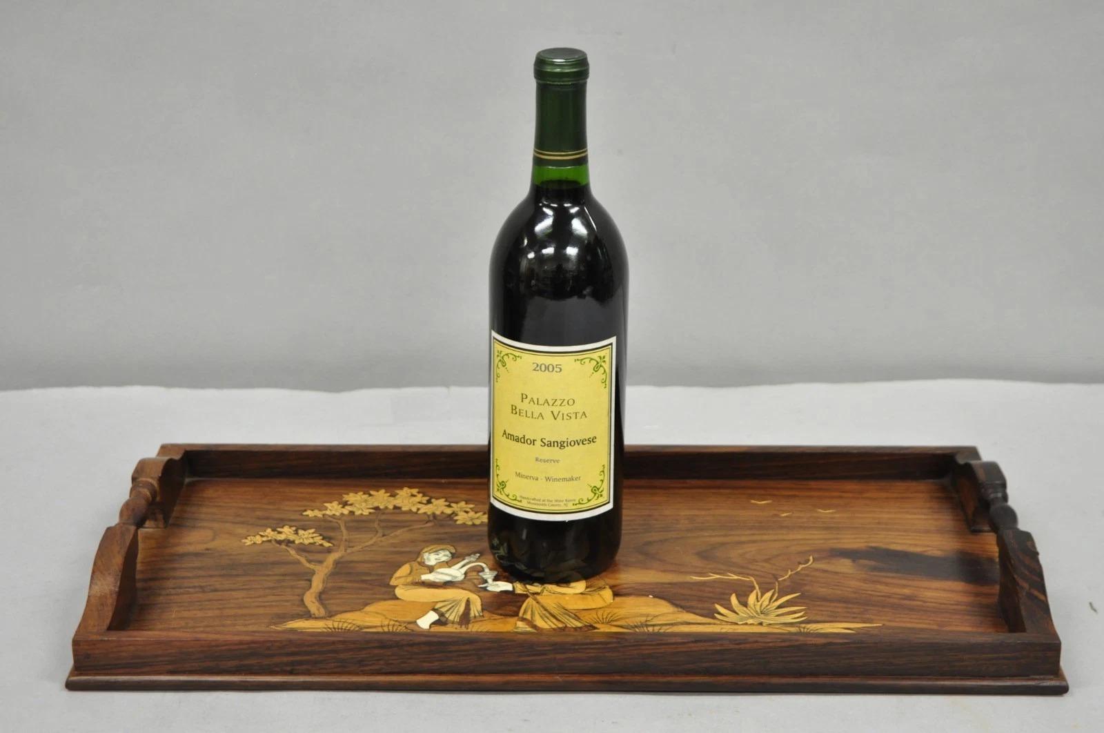 Vintage Anglo-Indian Marquetry Inlay Rosewood Twin Handle Serving Tray. Circa Late 20th Century. Measurements: 2