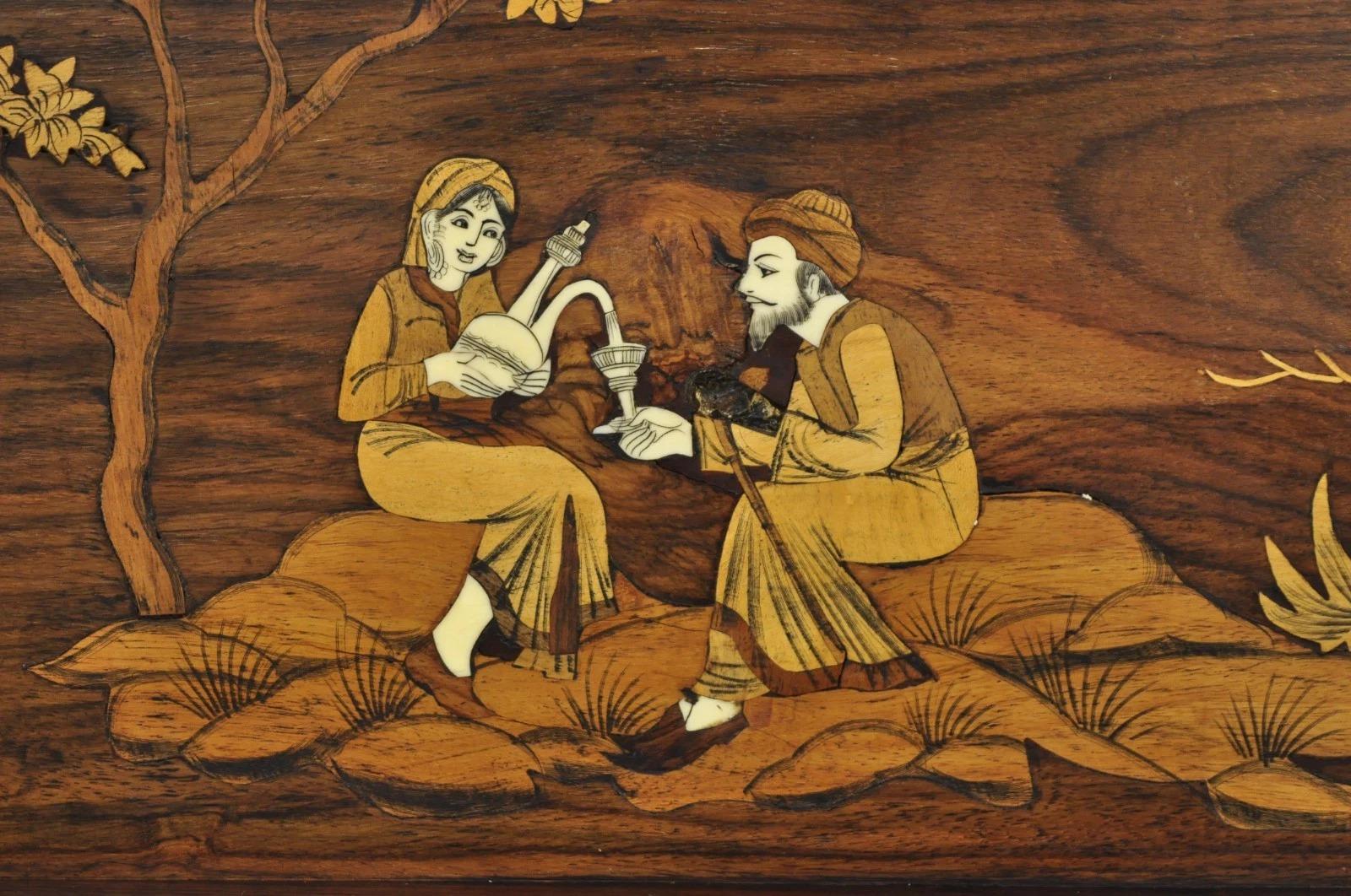 Unknown Vintage Anglo-Indian Marquetry Inlay Rosewood Twin Handle Serving Tray For Sale