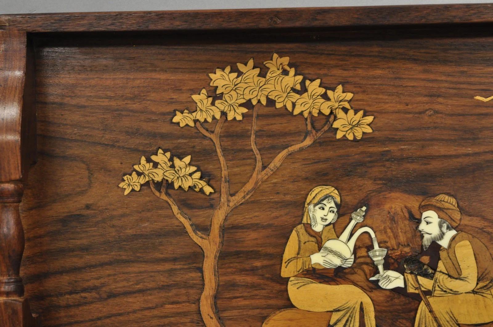 Vintage Anglo-Indian Marquetry Inlay Rosewood Twin Handle Serving Tray In Good Condition For Sale In Philadelphia, PA