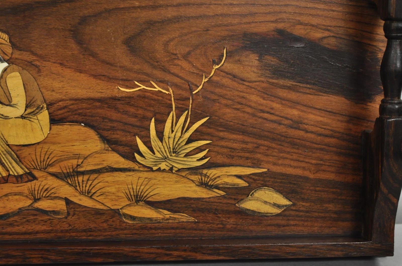 20th Century Vintage Anglo-Indian Marquetry Inlay Rosewood Twin Handle Serving Tray For Sale