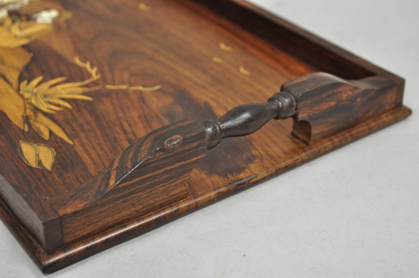 Vintage Anglo-Indian Marquetry Inlay Rosewood Twin Handle Serving Tray For Sale 1