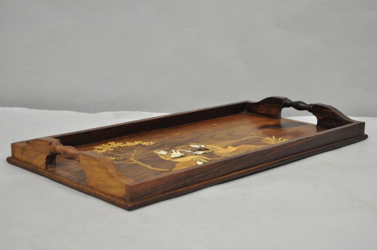 Vintage Anglo-Indian Marquetry Inlay Rosewood Twin Handle Serving Tray For Sale 3