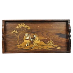 Vintage Anglo-Indian Marquetry Inlay Rosewood Twin Handle Serving Tray