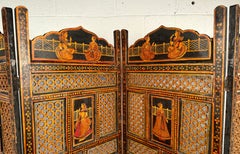 Vintage Anglo-Indian Painted and Carved Four-Panel Folding Screen