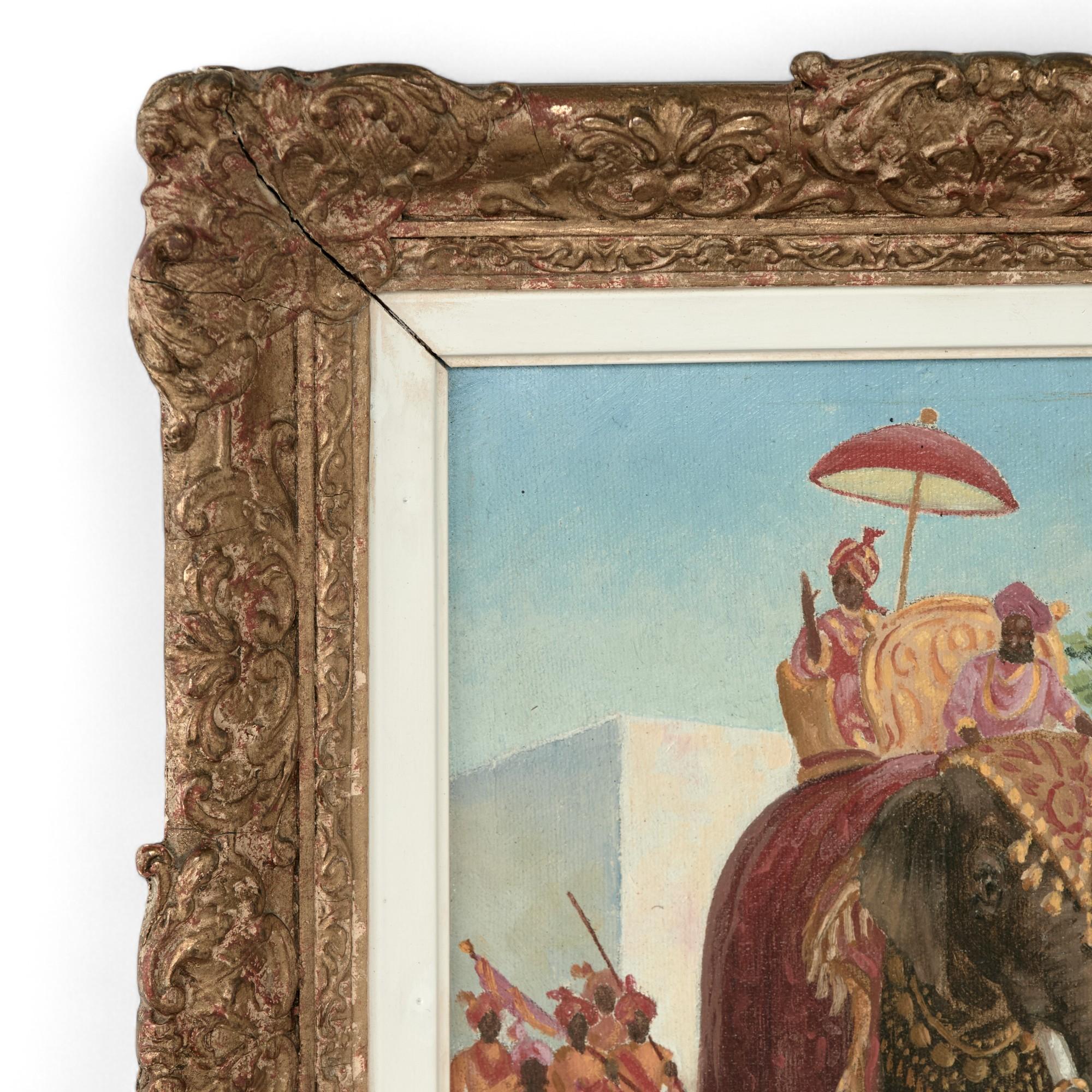 Pintura al óleo sobre lienzo de transporte de un elefante vestido de fiesta en un desfile con figuras y  Firmado Charles Baskerville 1966 y presentado en un marco italiano antiguo. 