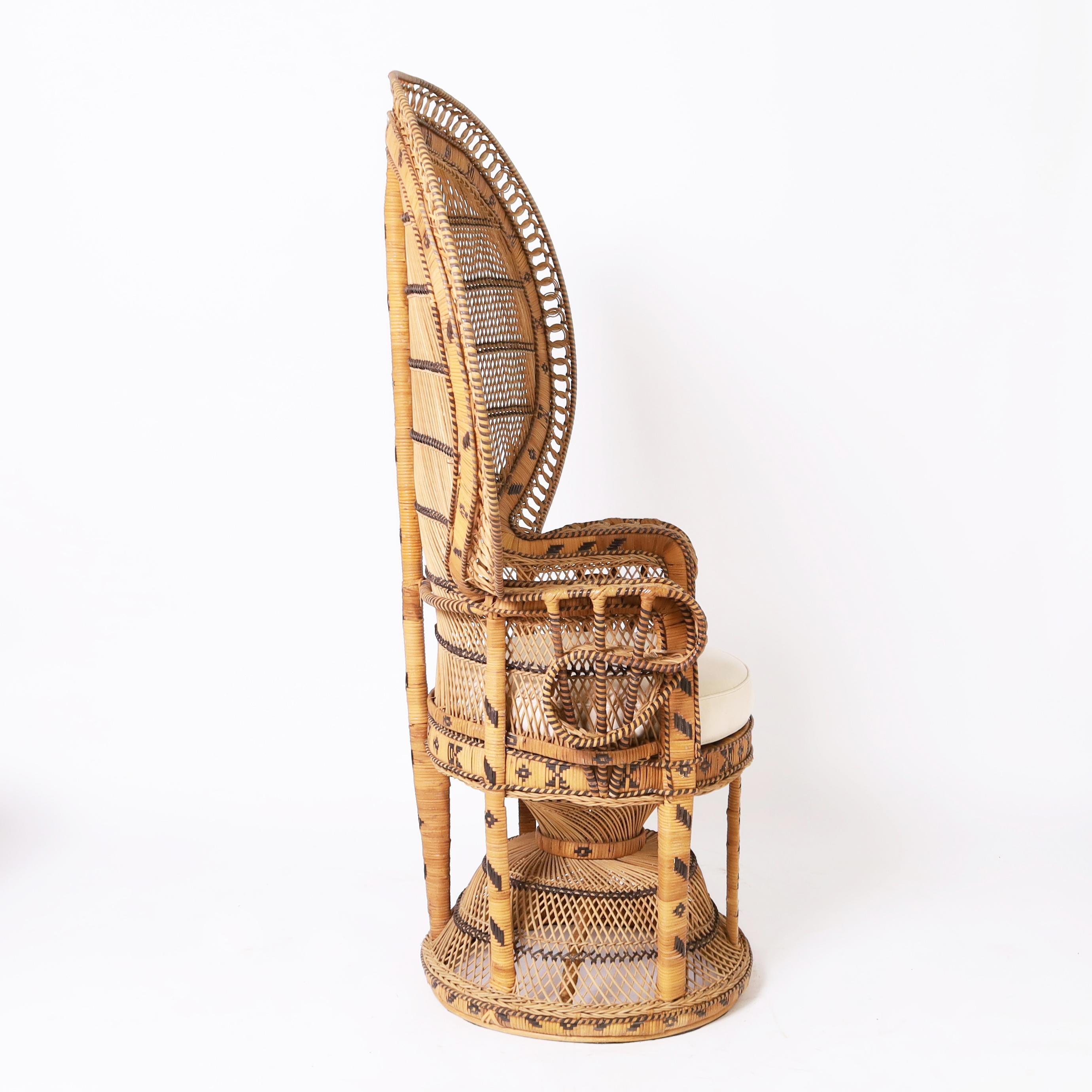 Hand-Crafted Vintage Anglo Indian Peacock Chair and Ottoman