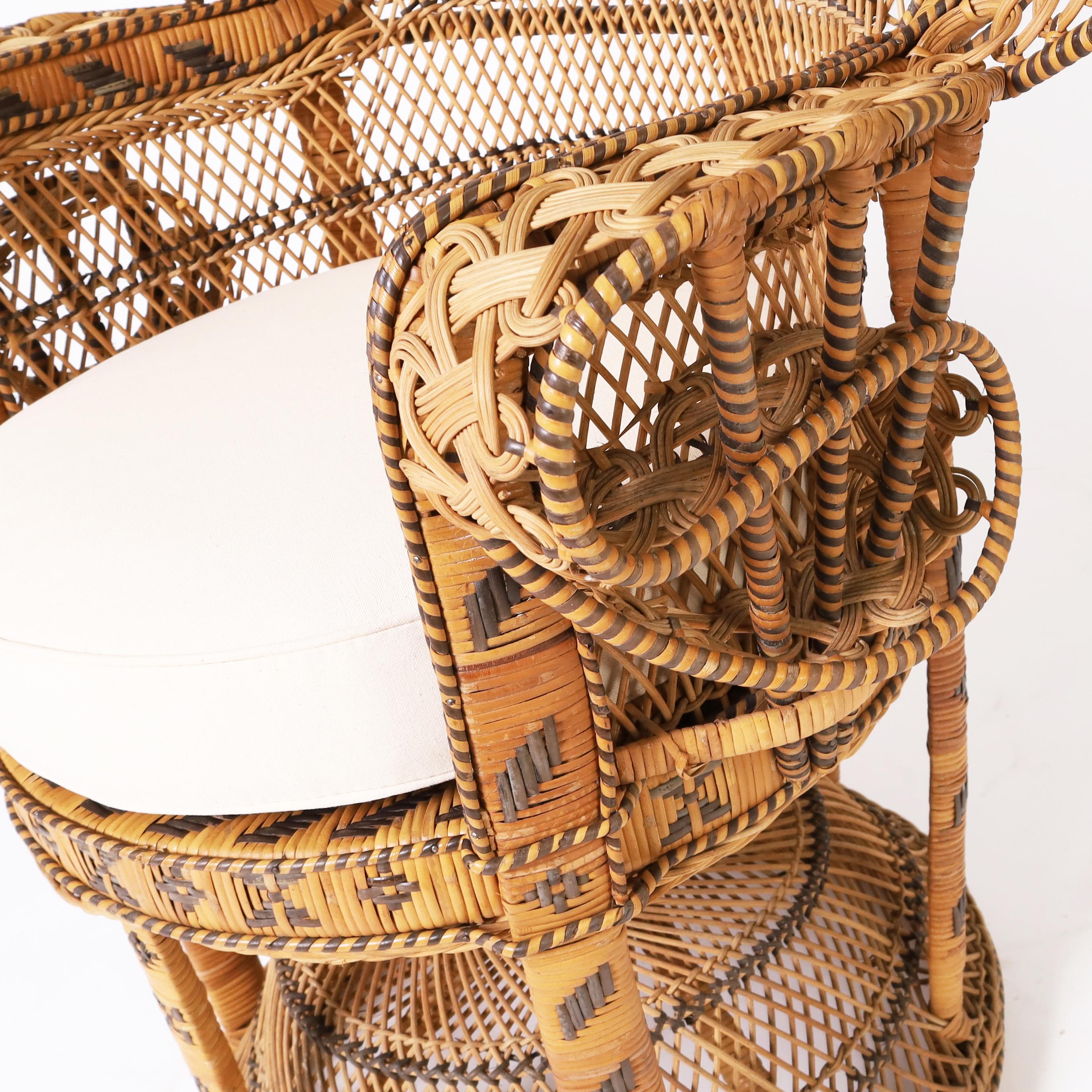 Wicker Vintage Anglo Indian Peacock Chair and Ottoman