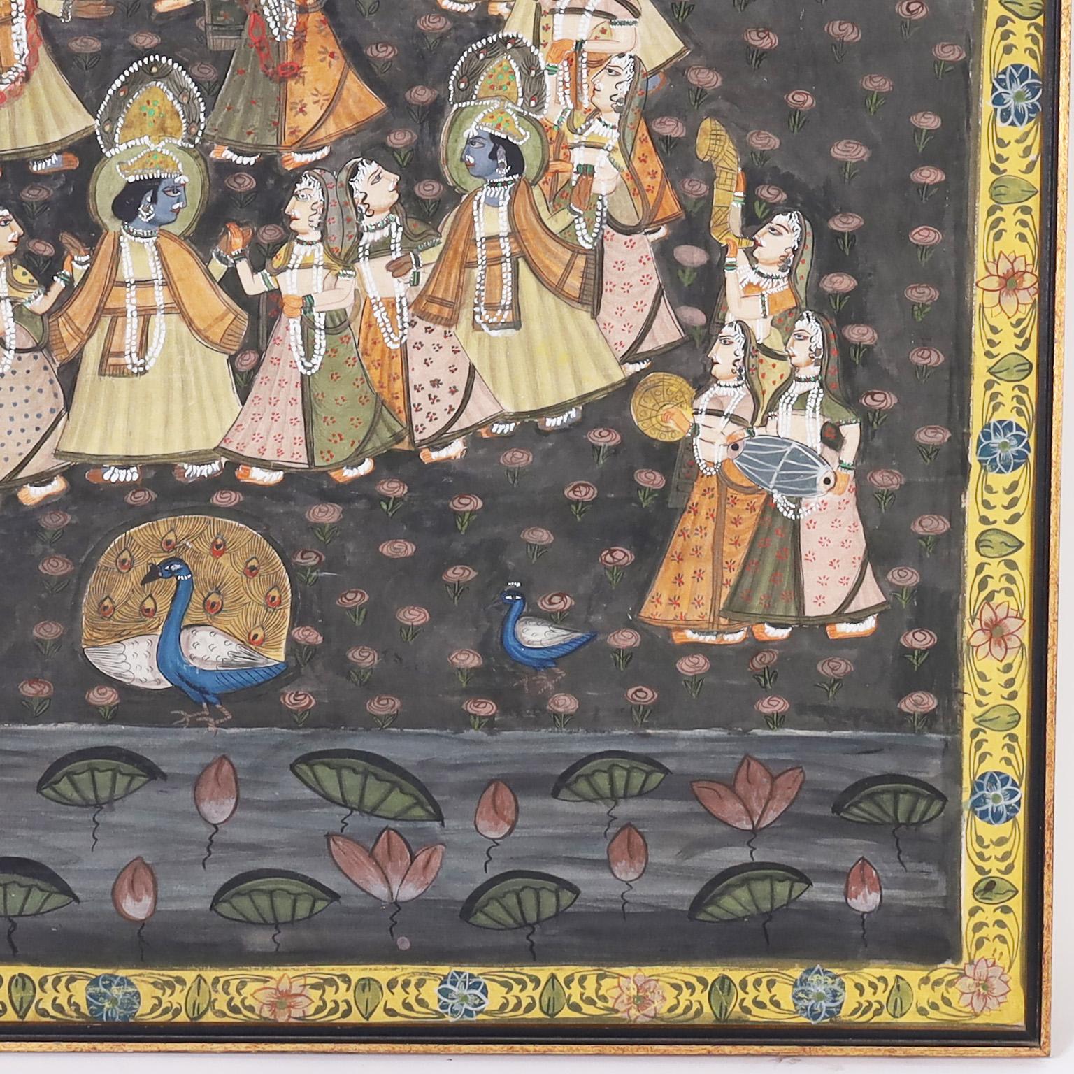 Vintage Anglo Indian Pishhwai Painting of Krishna In Good Condition For Sale In Palm Beach, FL
