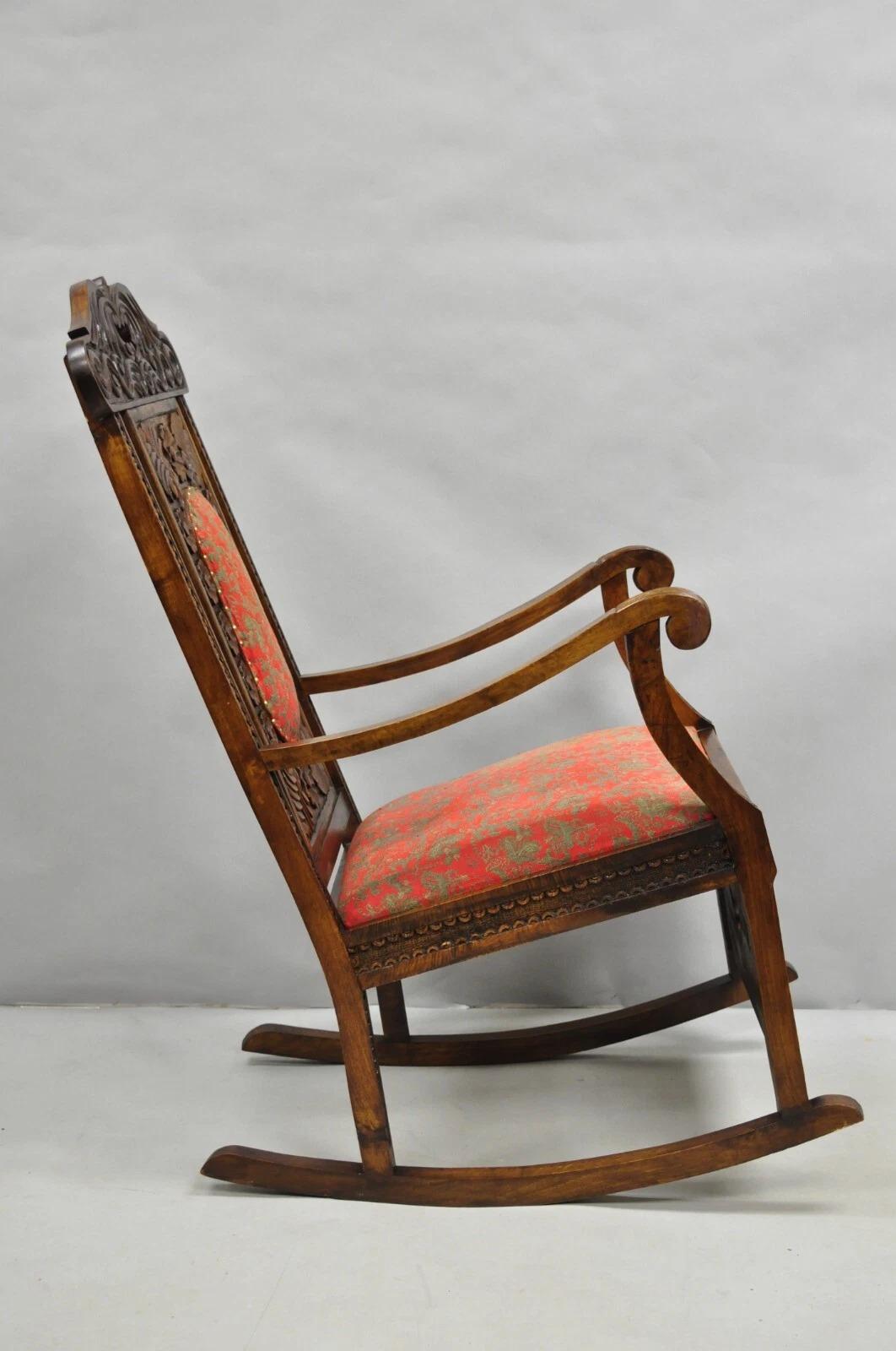 Vintage Anglo Indian Renaissance Style Carved Wood Rocker Rocking Chair For Sale 5
