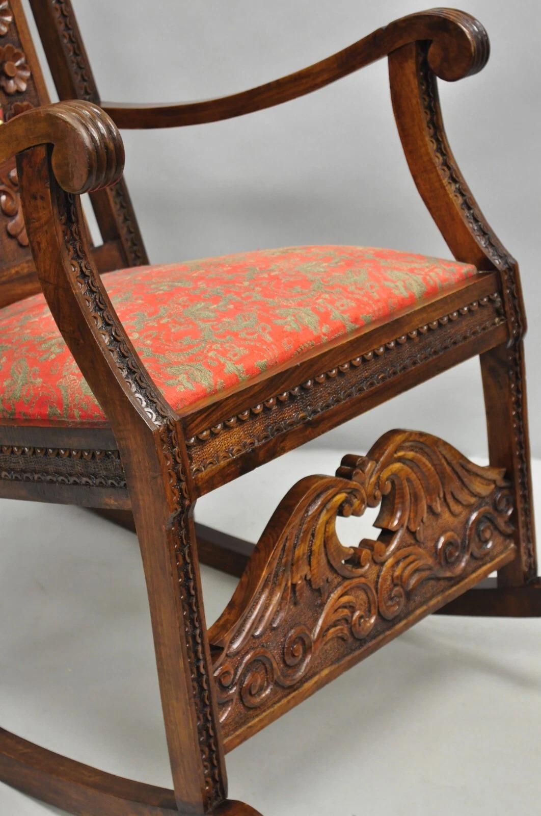 Vintage Anglo Indian Renaissance Style Carved Wood Rocker Rocking Chair For Sale 6