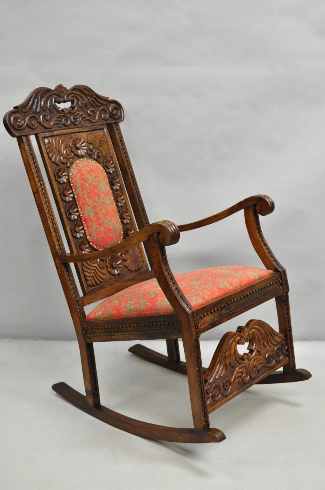Vintage Anglo Indian Renaissance Style Carved Wood Rocker Rocking Chair For Sale 7