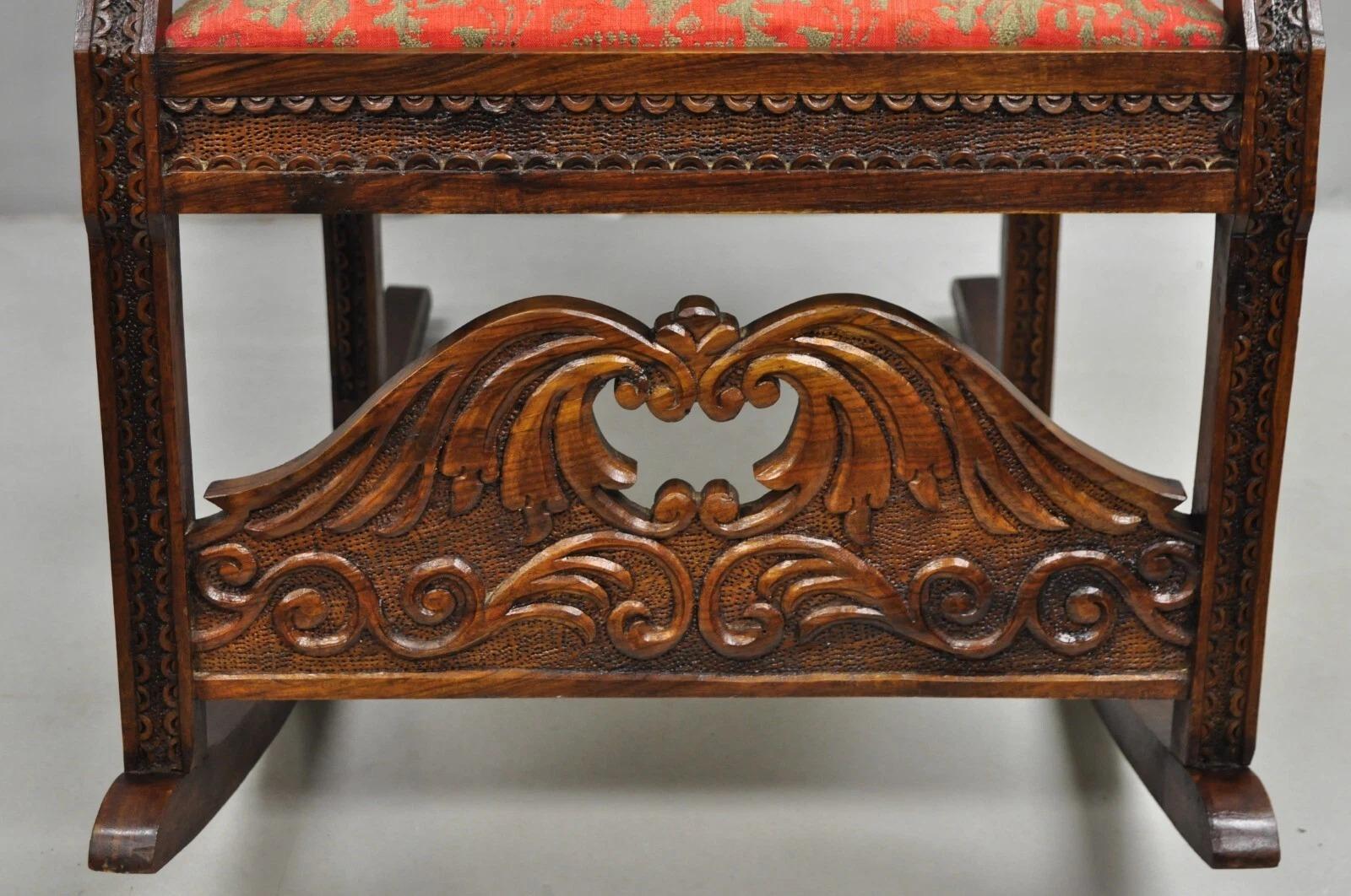 Vintage Anglo Indian Renaissance Style Carved Wood Rocker Rocking Chair For Sale 2