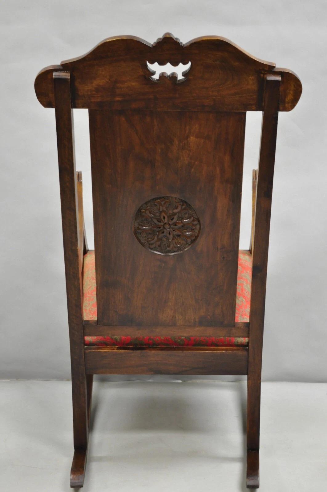 Vintage Anglo Indian Renaissance Style Carved Wood Rocker Rocking Chair For Sale 3