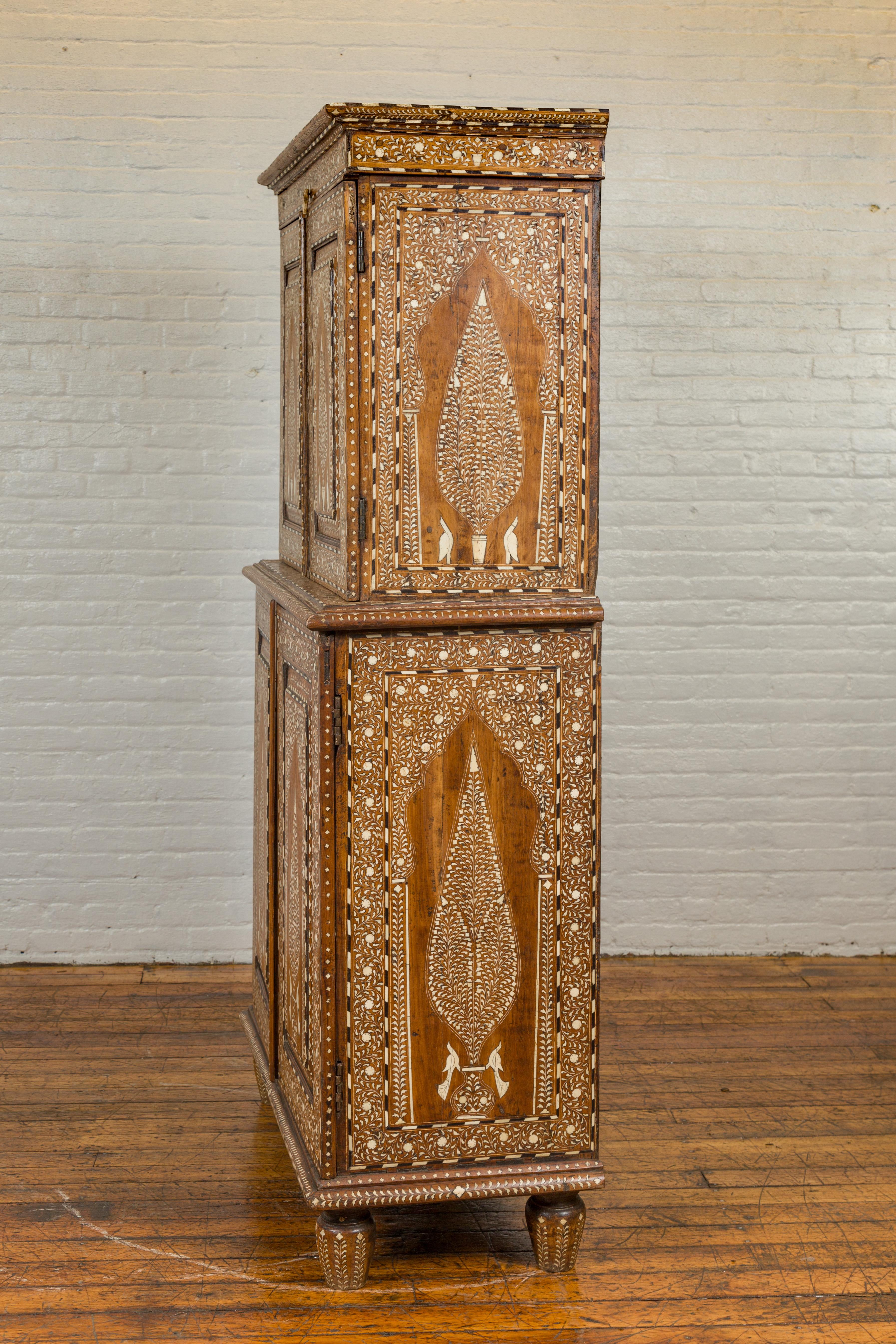 Anglo-Indian Vintage Anglo Indian Sheesham Wood Wardrobe Cabinet with Bone Inlay and Birds