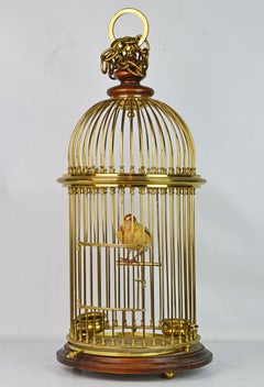 Vintage Anglo Indian Solid Brass and Wood Domed Bird Cage with Bird