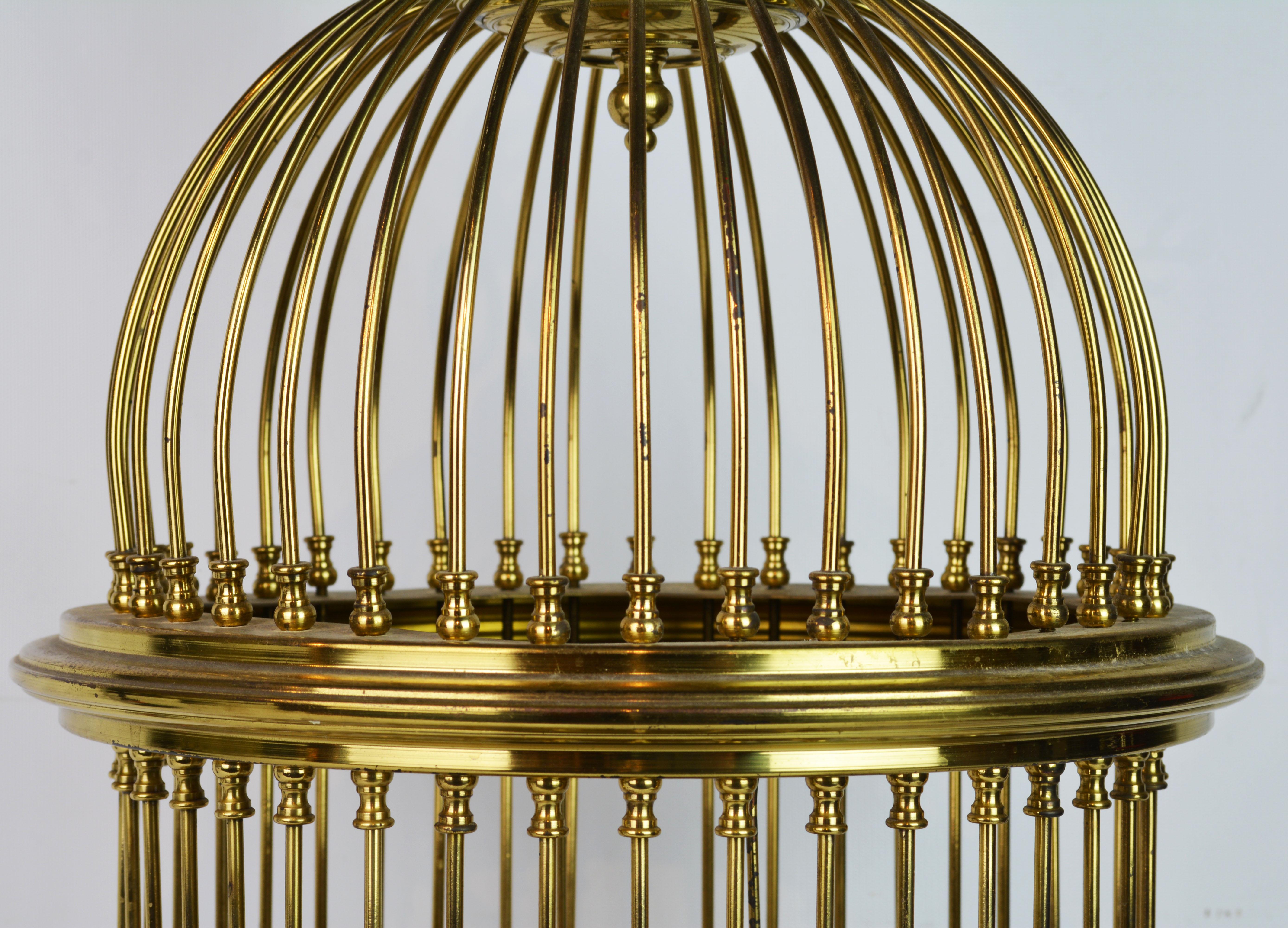 Vintage Anglo Indian Solid Brass and Wood Domed Bird Cage with Bird In Good Condition In Ft. Lauderdale, FL