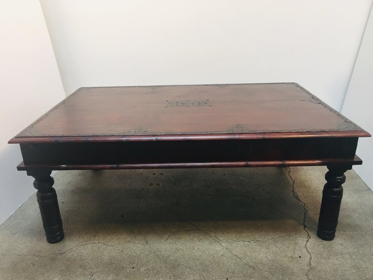 Hand-Carved Vintage Anglo-Indian Teak Coffee Table For Sale