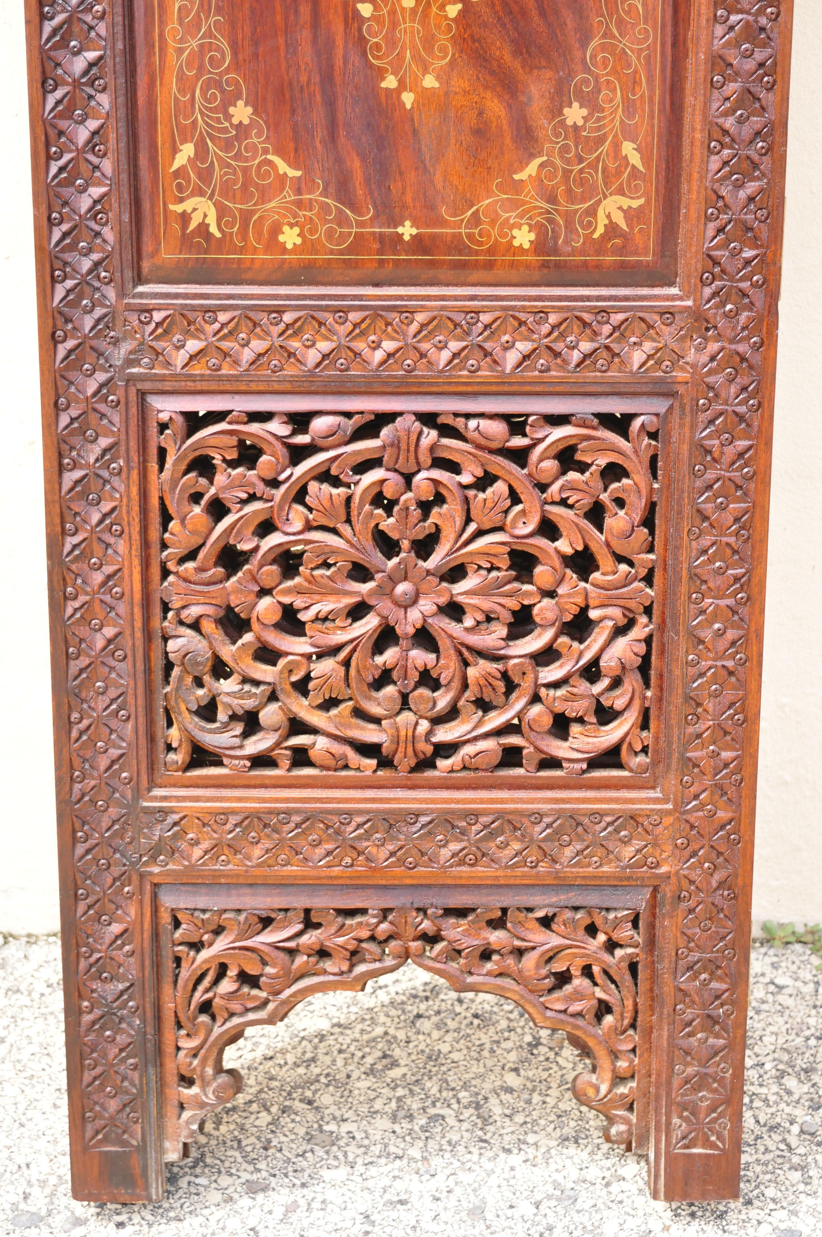 Vintage Anglo Indian Teak Wood Brass Inlay 4 Panel Room Divider Folding Screen 3