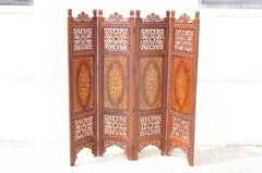 Vintage Anglo Indian Teak Wood Brass Inlay 4 Panel Room Divider Folding Screen