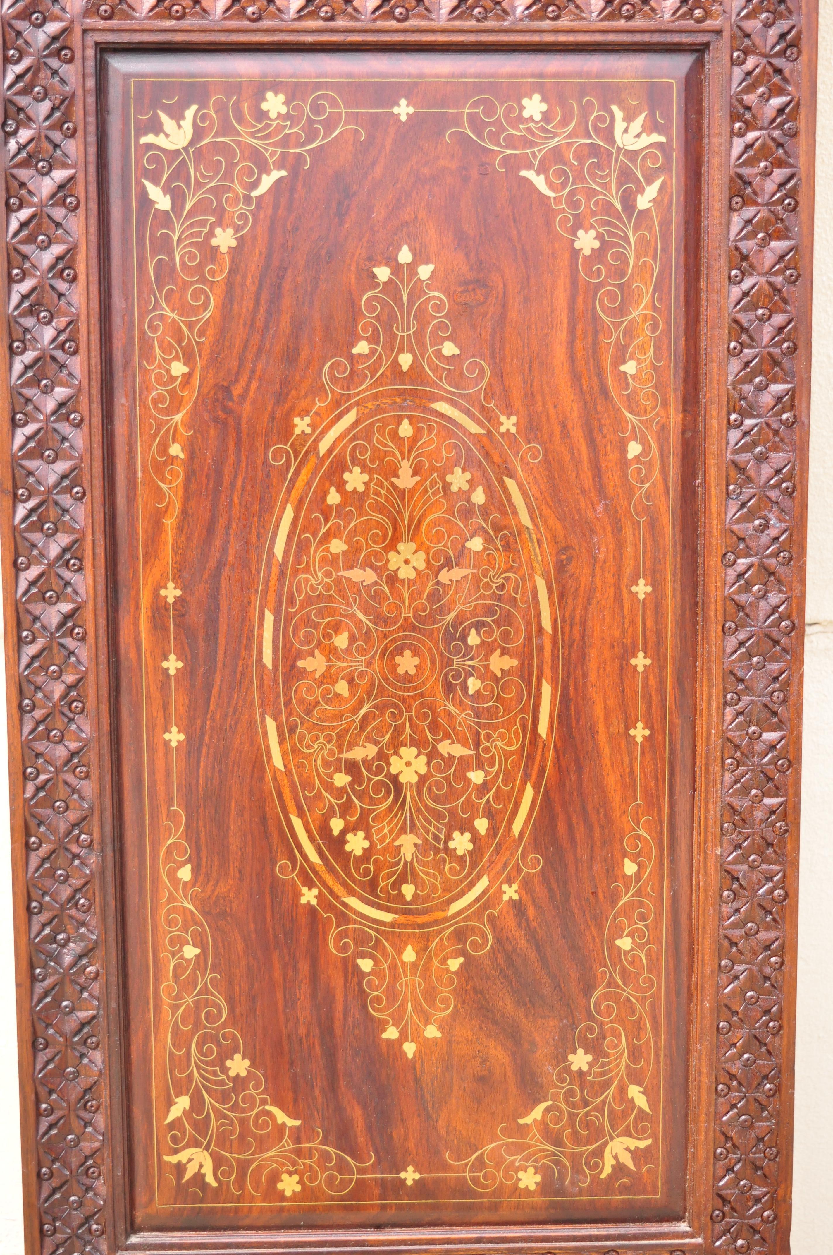 Spanish Colonial Vintage Anglo Indian Teak Wood Brass Inlay 4 Panel Room Divider Folding Screen