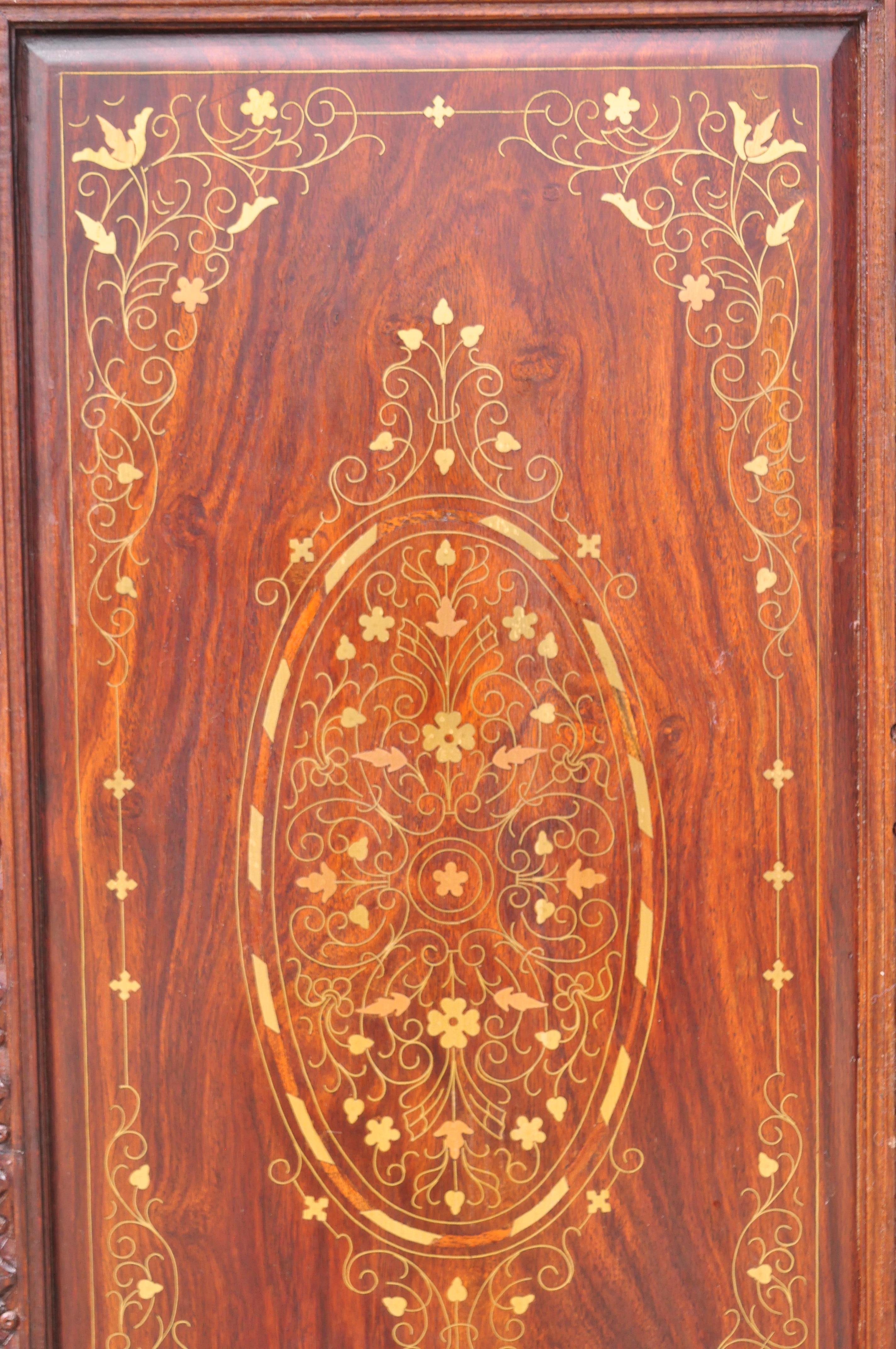 Vintage Anglo Indian Teak Wood Brass Inlay 4 Panel Room Divider Folding Screen In Good Condition In Philadelphia, PA