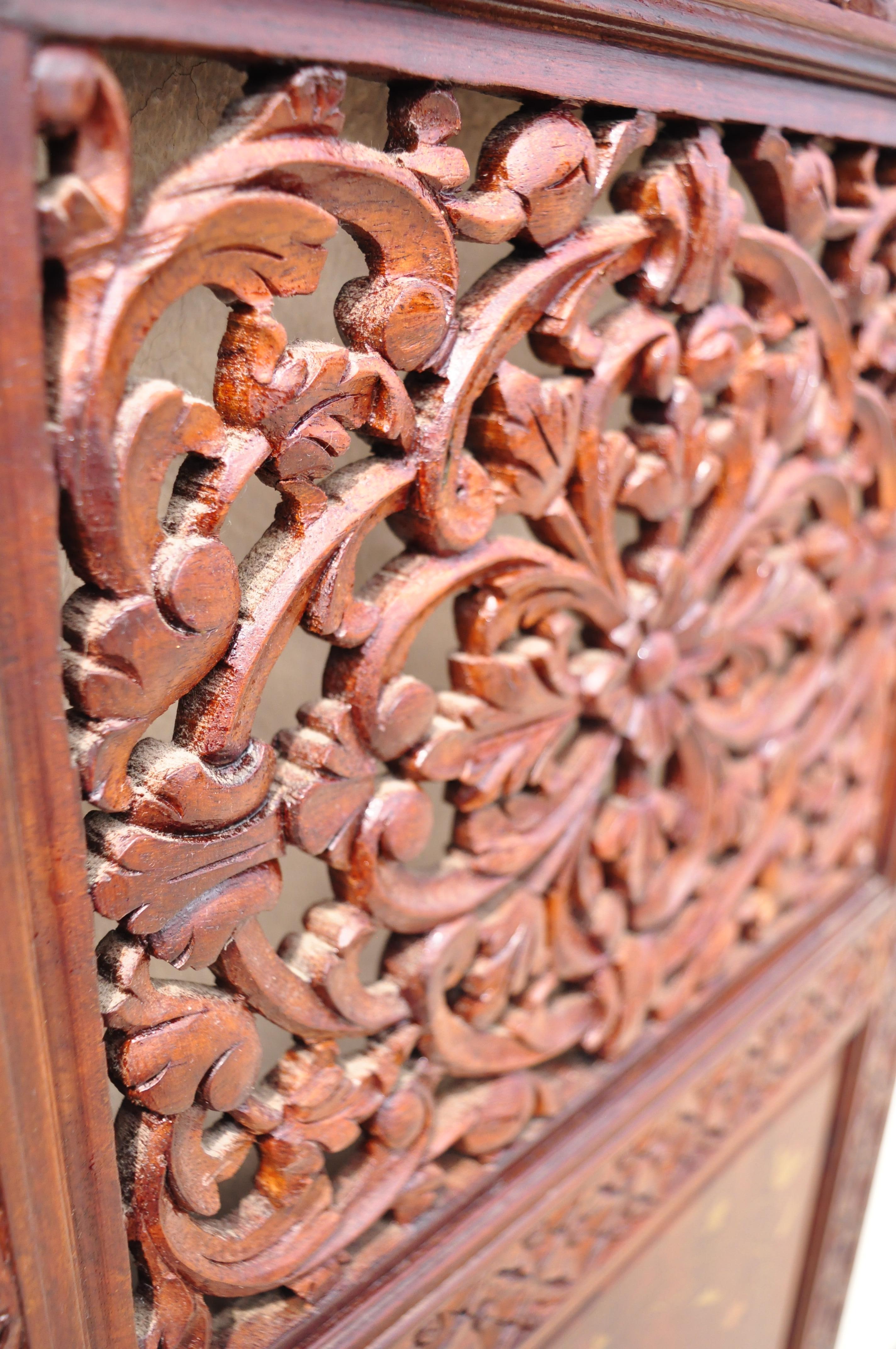 Vintage Anglo Indian Teak Wood Brass Inlay 4 Panel Room Divider Folding Screen 1