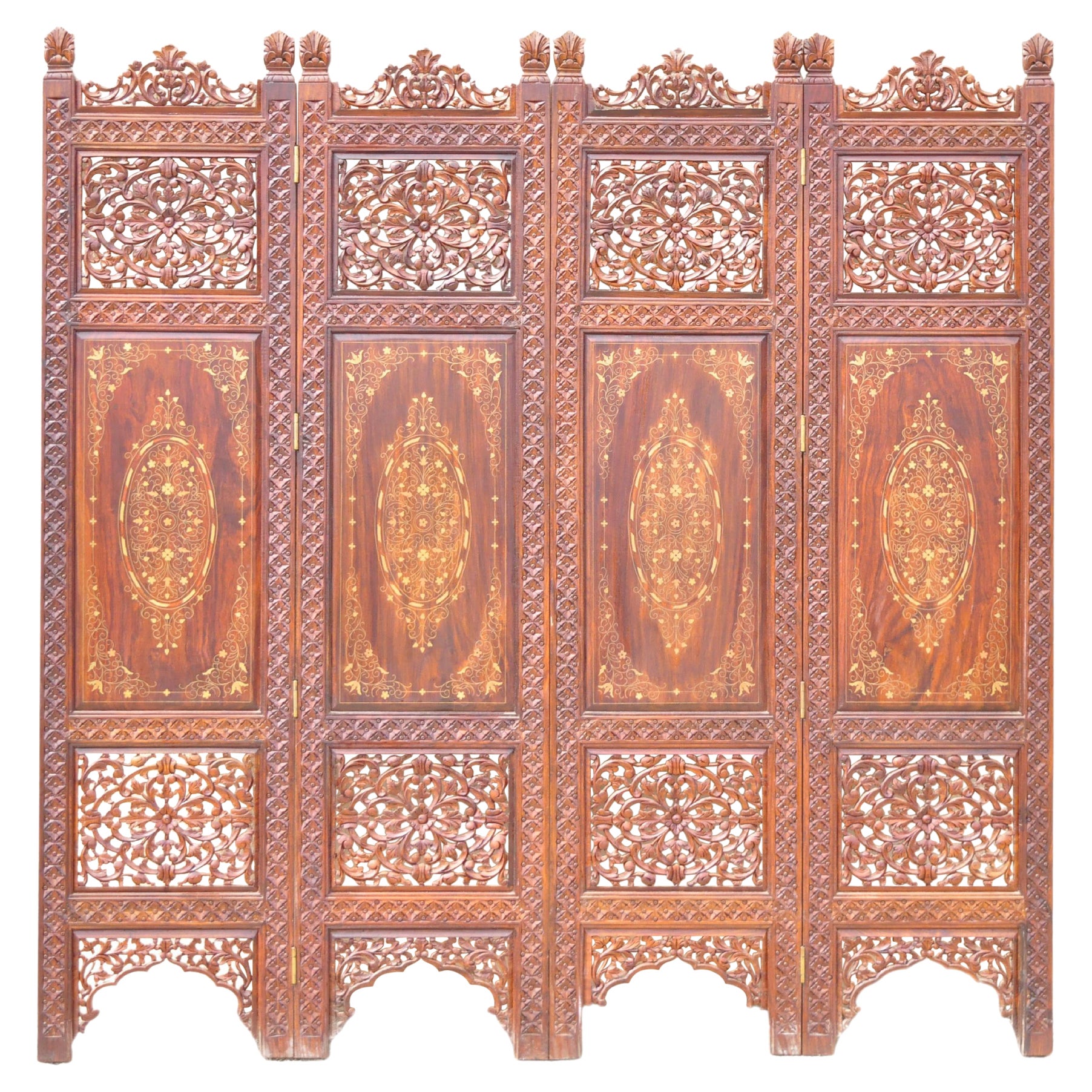 Vintage Anglo Indian Teak Wood Brass Inlay 4 Panel Room Divider Folding Screen