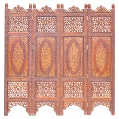 Vintage Anglo Indian Teak Wood Brass Inlay 4 Panel Room Divider Folding Screen