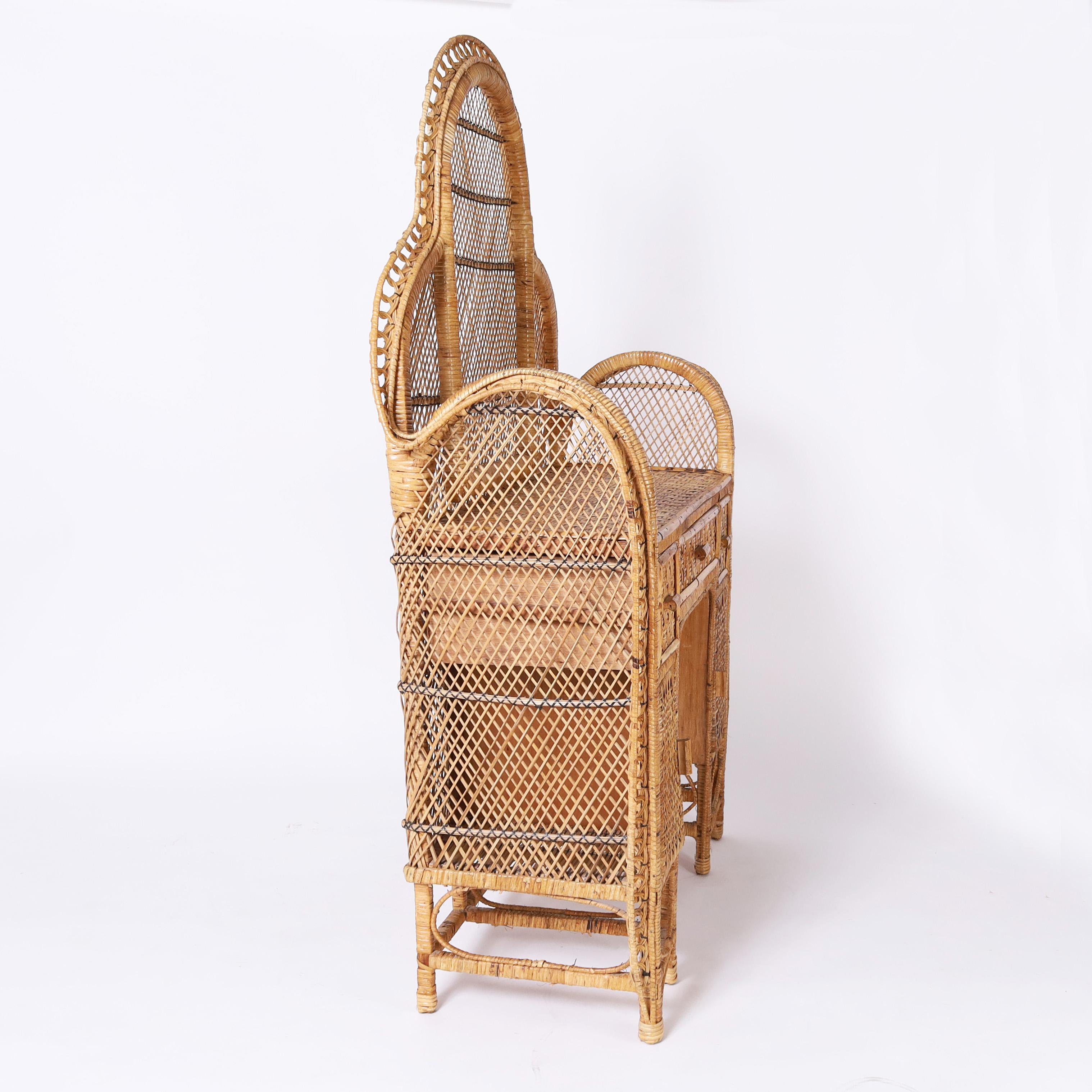 Anglo-Indian Vintage Anglo Indian Wicker and Rattan Peacock Vanity For Sale