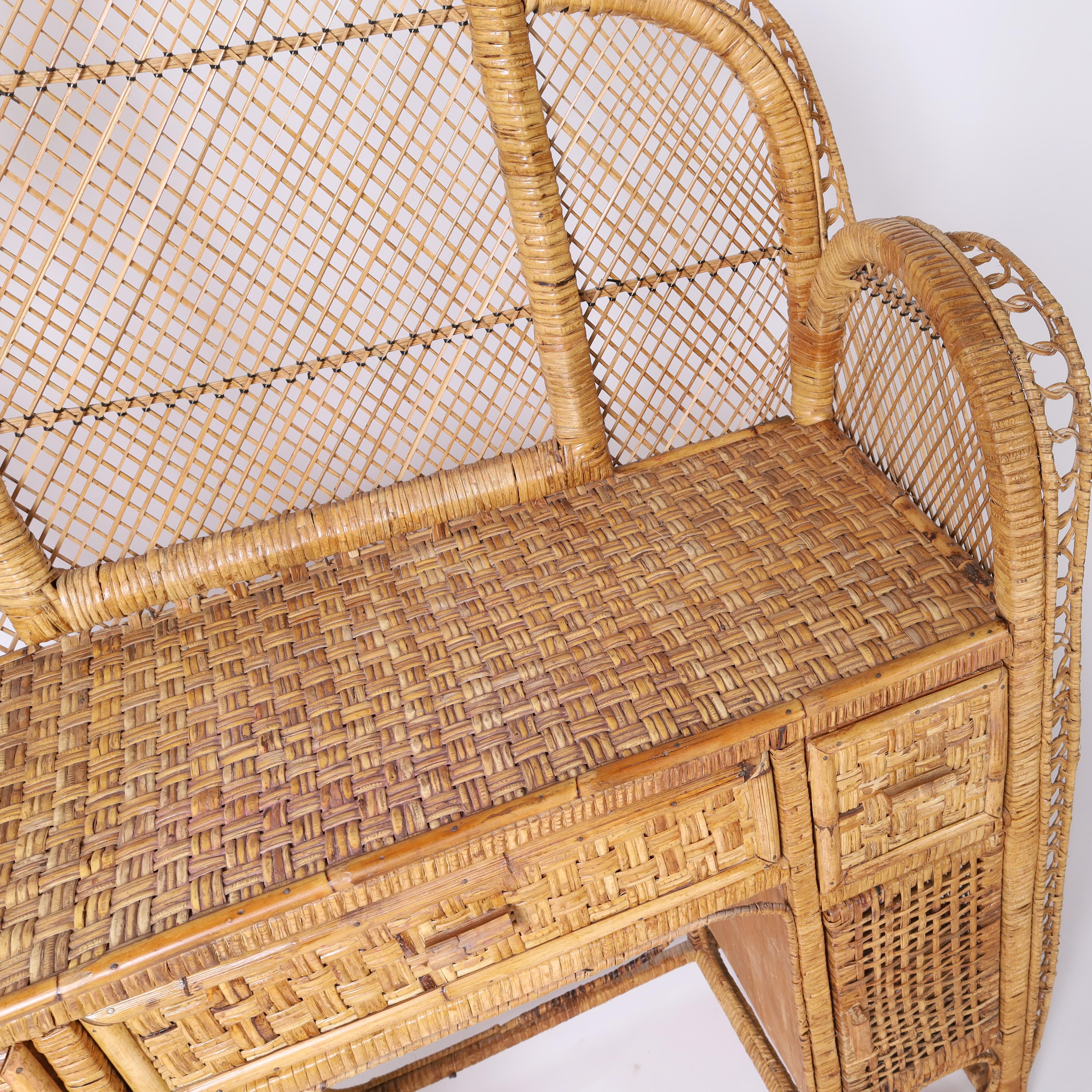 Hand-Crafted Vintage Anglo Indian Wicker and Rattan Peacock Vanity For Sale