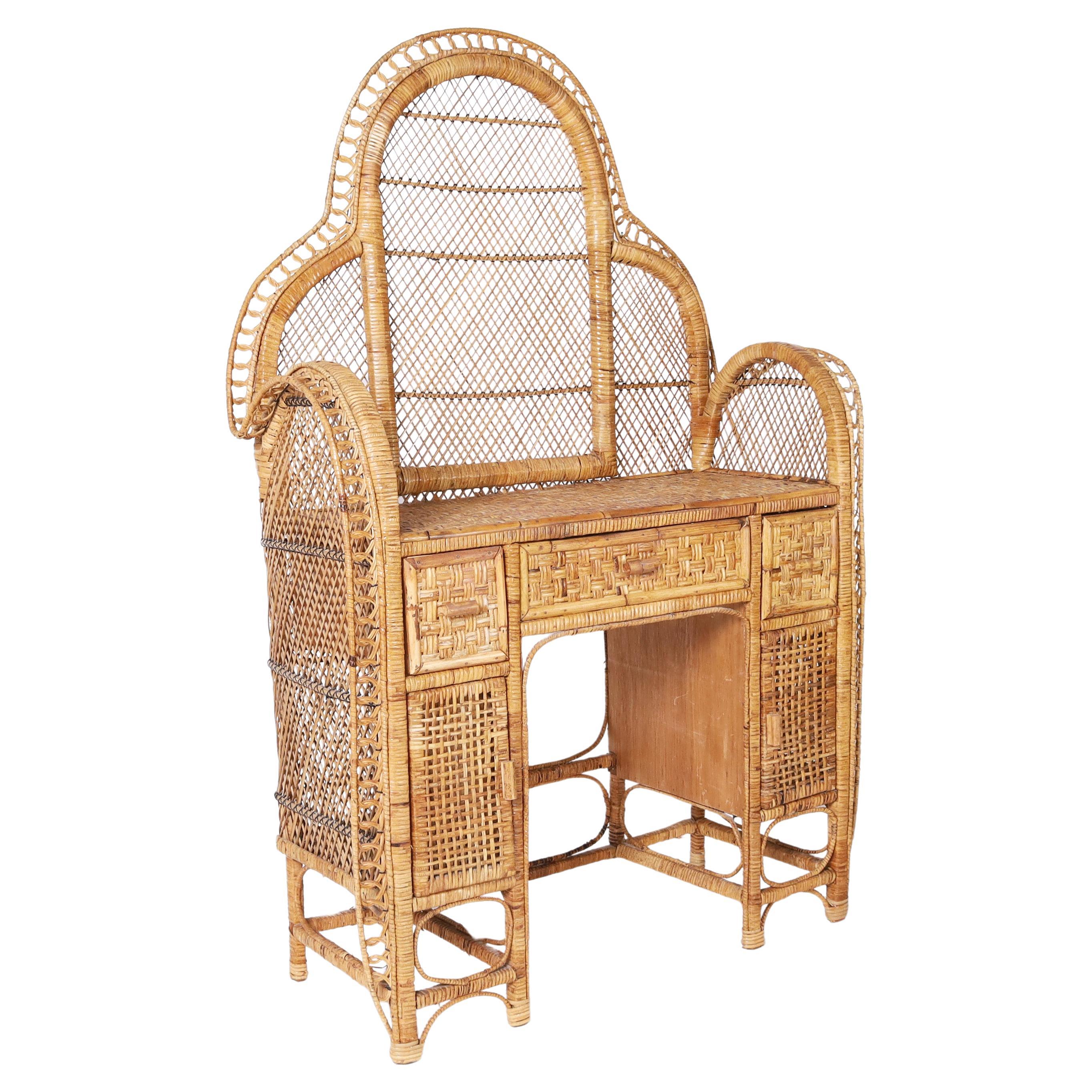 Vintage Anglo Indian Wicker and Rattan Peacock Vanity For Sale