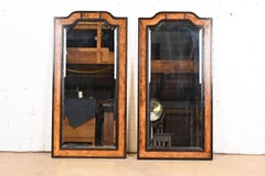 Vintage Anglo-Japanese Burl Wood and Ebonized Framed Tall Wall Mirrors, Pair