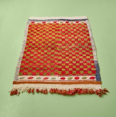 Vintage Angora Loop Pile Rug in Red & Green Check Pattern, Turkey, 20th Century