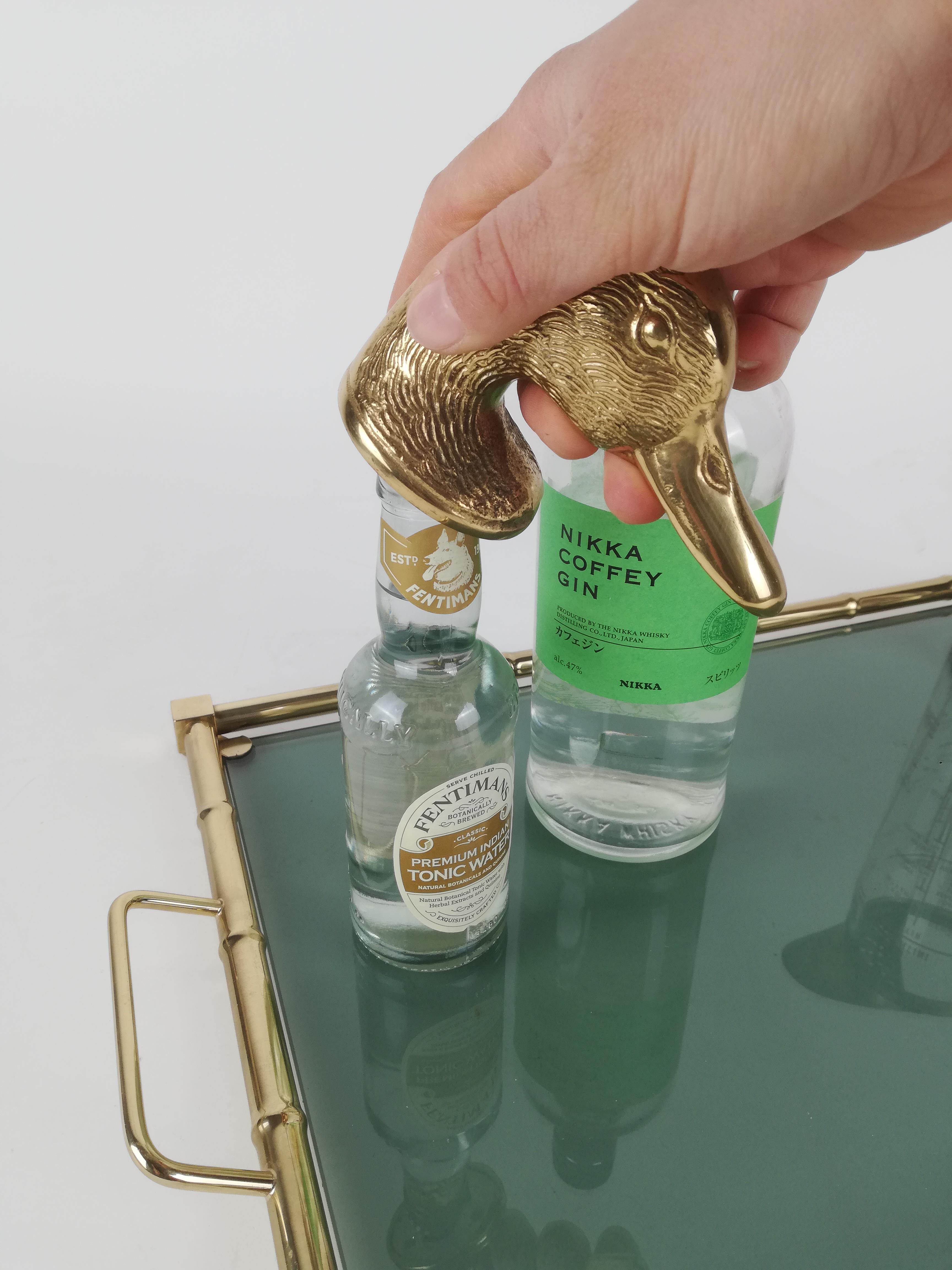 Mid-Century Modern Vintage Animal's Head Bottle Opener in the Style of Gucci, Brass Sculptural Duck For Sale