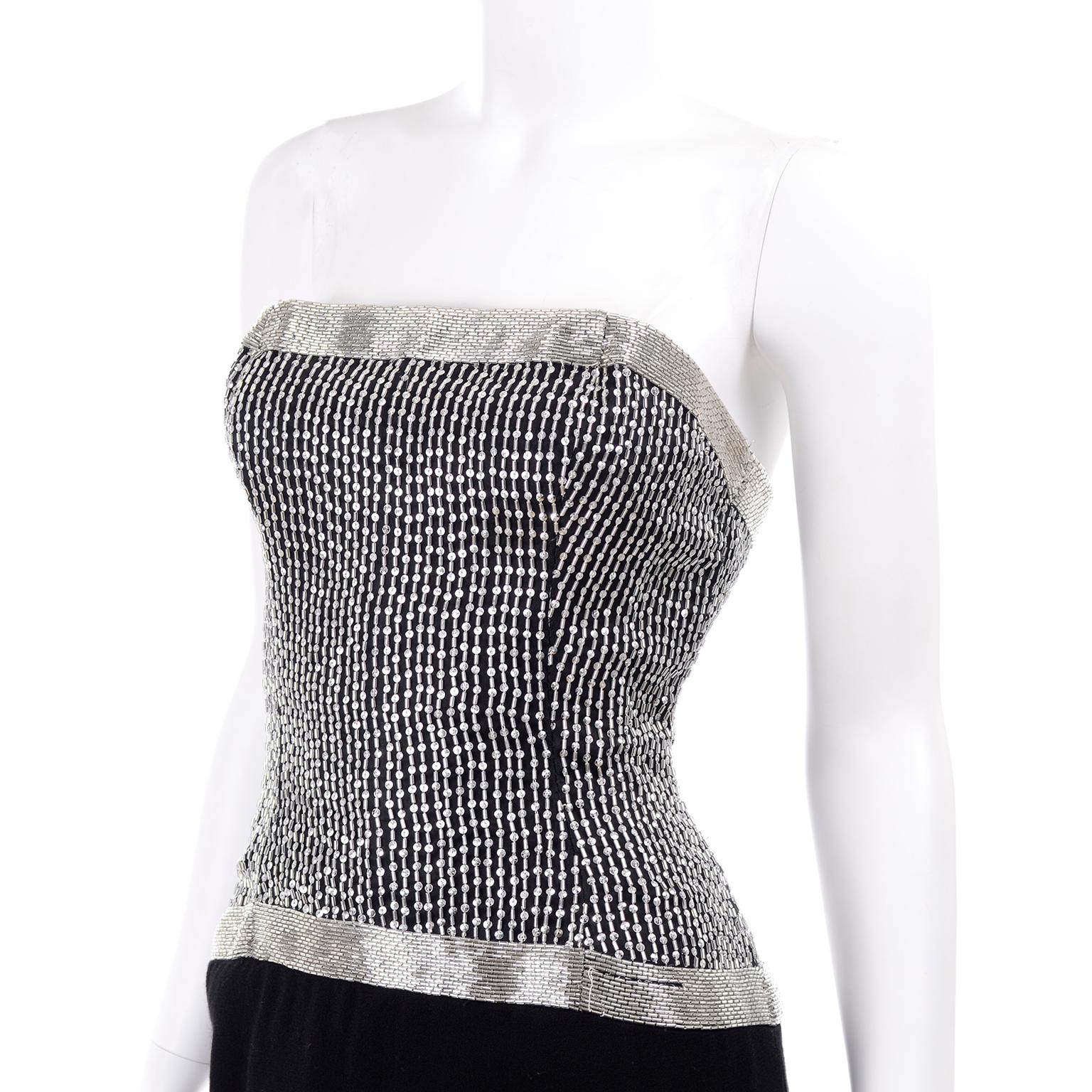 Vintage Ann Lawrence Strapless Silver & Black Beaded Evening Dress w Rhinestones For Sale 8