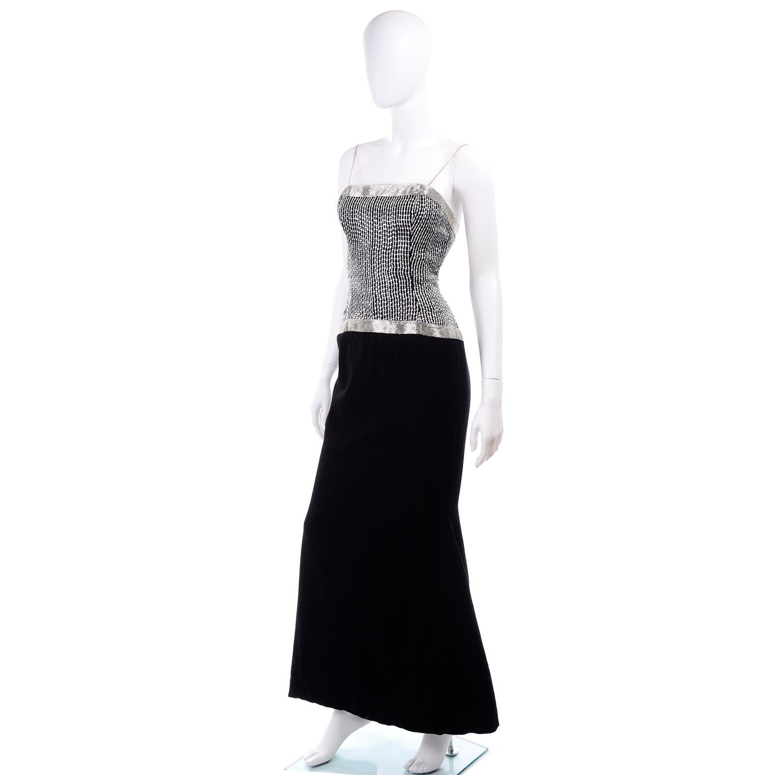 Women's Vintage Ann Lawrence Strapless Silver & Black Beaded Evening Dress w Rhinestones For Sale