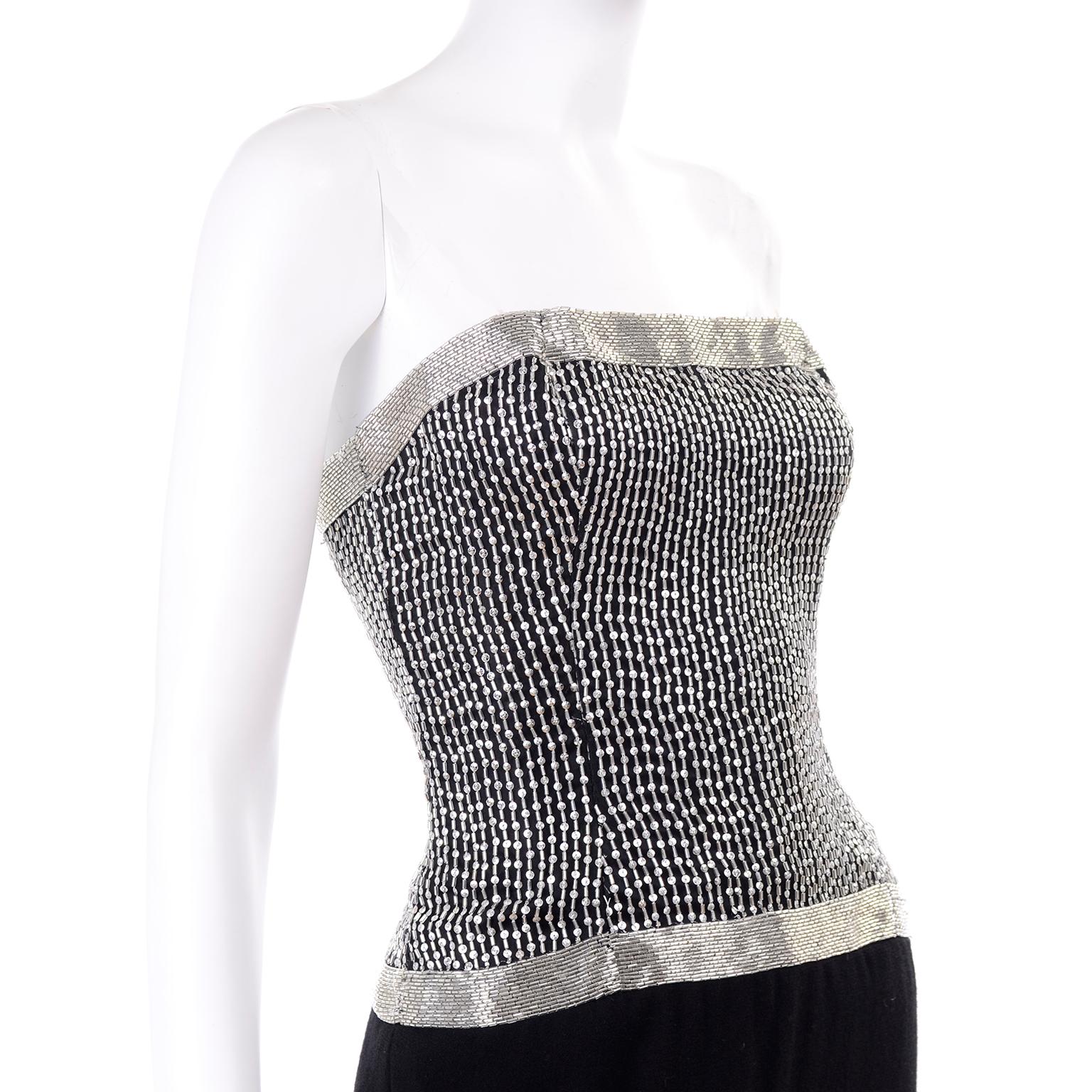 Vintage Ann Lawrence Strapless Silver & Black Beaded Evening Dress w Rhinestones For Sale 2