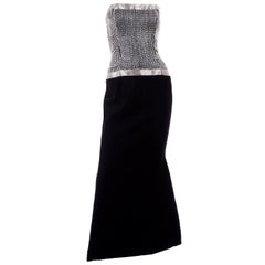 Vintage Ann Lawrence Strapless Silver & Black Beaded Evening Dress w Rhinestones